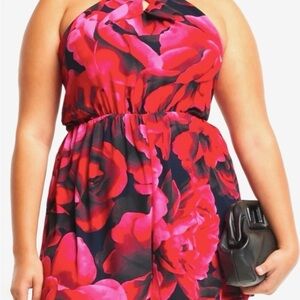 Express Halter Romper Shorts Red and Pink Floral Dress